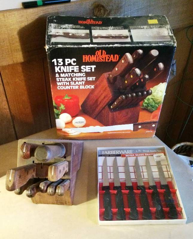 lot 138 image: 2 Knife Sets & Butcher Block - Farberware Steak Knives Appear New