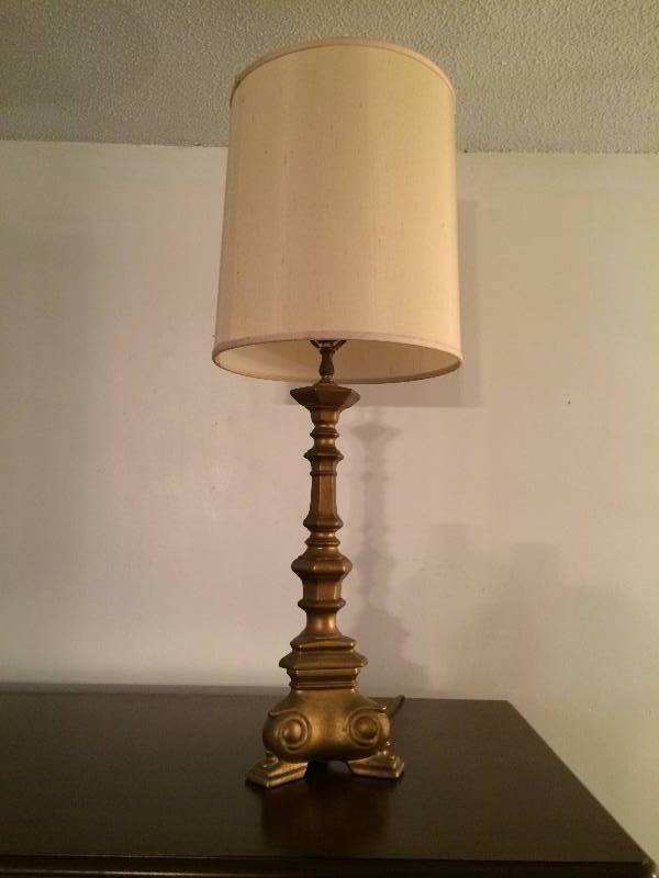 lot 148 image: Mid Century Modern Gold Ceramic Lamp - Excellent Condition - Shade Has a few spots
