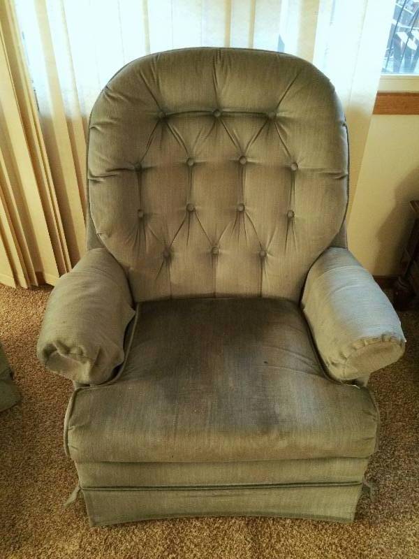 lot 150 image: Vintage Blue Velvet Rocking Chair With Footstool - More of a pale blue than pictured...