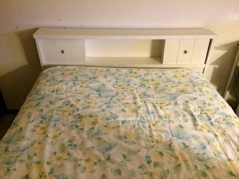 lot 16 image: Mid Century Modern 1950s Bed Headboard FullQueen - (57x37x8) Check Out The Sliding Door Pulls  Very Solid Craftsmanship Mattress & Box Spring Are Free - You Can Take Or Leave Them