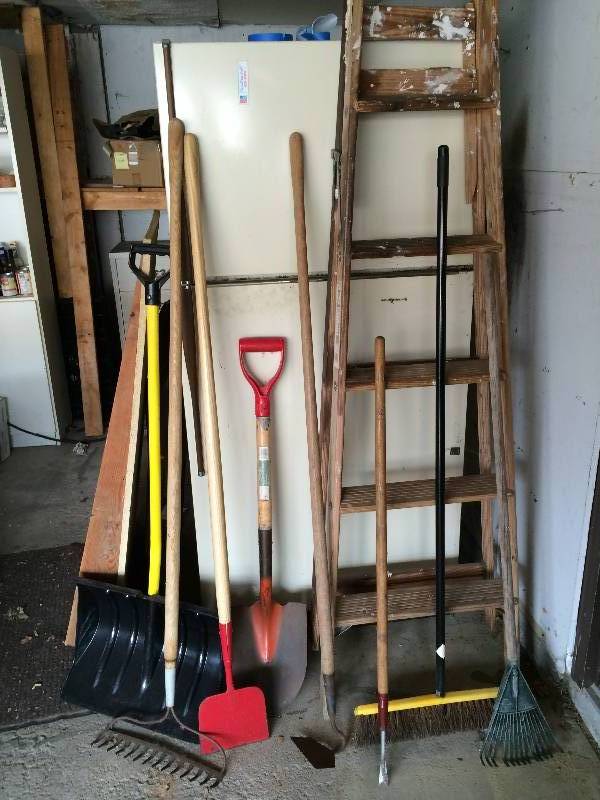 lot 152 image: Wood Ladder & Garage Lawn Tools - Mostly Really Great Condition