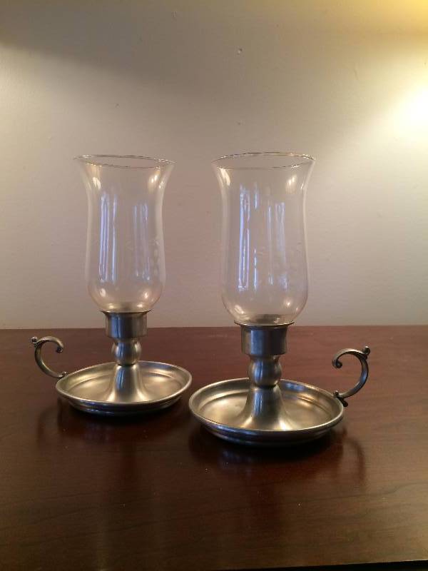 lot 95 image: Collectible Pair Pewter Hurricane Lamps Bedside Table Candle Holders - Super Nice Condition - No Chips