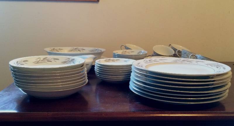 lot 89 image: Collectible China Service For 8 Plus Serving Pieces Yamaka Sterling Wheat Pattern #SY-107 - Very Pretty & Delicate - Small Chip Under Oval Platter & Bowl