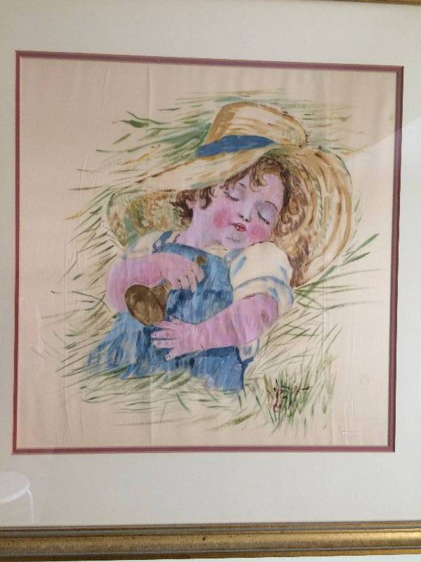 lot 163 image: Collectible Vintage Beautiful Country Child Sleeping in Hay Stack or Grass - Note Cow Signature Perhaps