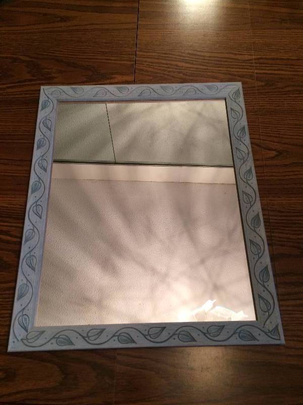 lot 179 image: Feng Shui Wall Entrance Mirror Blue Painted Wood With Leaves Motif - Excellent Condition With Hardware