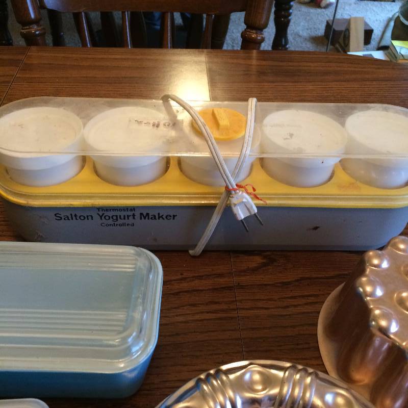 lot 182 image: Collectible Kitchen Lot Electric Yogurt Maker Vintage Blue Pyrex Dish With Lid 3 Copper Jello Molds - Excellent Condition
