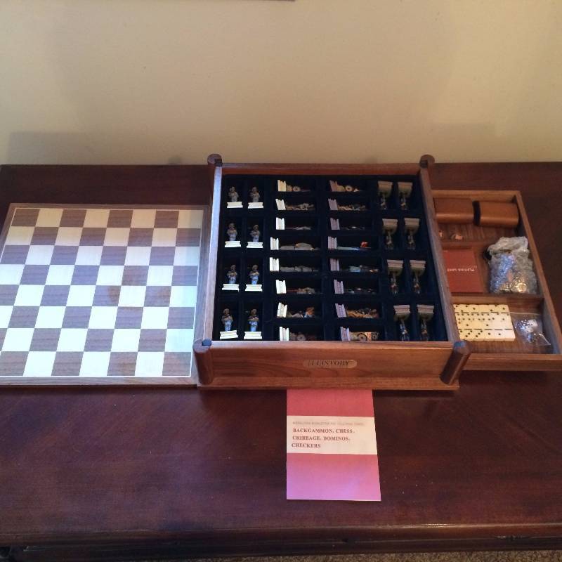 lot 80 image: Civil War Chess Set Generals Painted Chest Multiple Board Games Storage Box North South Lincoln Lee Grant Cabin Fun - Like New