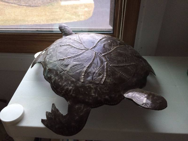 lot 196 image: Collectible 2 Interesting & LArge Turtles One Is Decorated Pieced Metal & 1 Hand Painted Ceramic With Lid - Excellent Condition