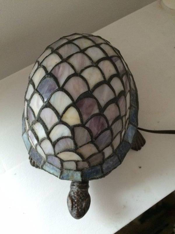 lot 197 image: Collectible Tiffany Stain Glass Style Light Up Heavy Multi Purple Color Shade & Iron Plug In Turtle Lamp - Excellent & Works