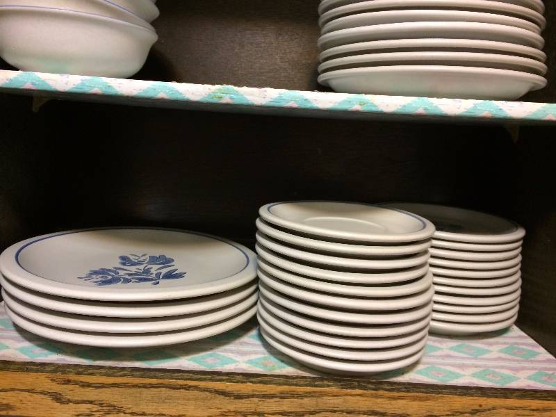lot 43 image: Pfaltzgraff Yorktowne Dinnerware Dinner Plates Salad Plates Coffee Cups Saucers Bread Butter Plates & Bowls - Cupboard Full No Chips