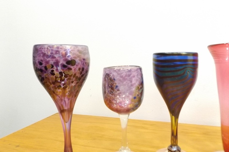 lot 9 image: 8 Artist Signed etc. Art Glass Wine Goblets, Martini Glasses, etc.