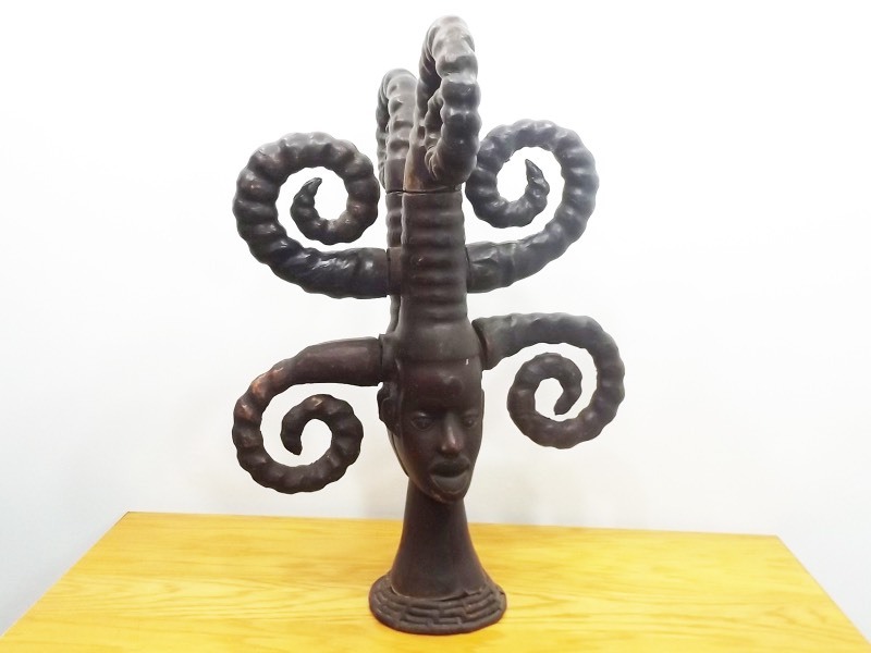 lot 1 image: 1940s Ekoi Ejagham Headdress Mask Janus Antelope Skin Curled Hair Boki Africa