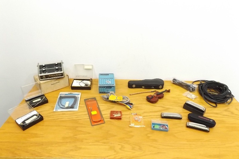 lot 48 image: Lot of Vintage Musical Instrument Parts, Harmonicas, Electronics, etc.