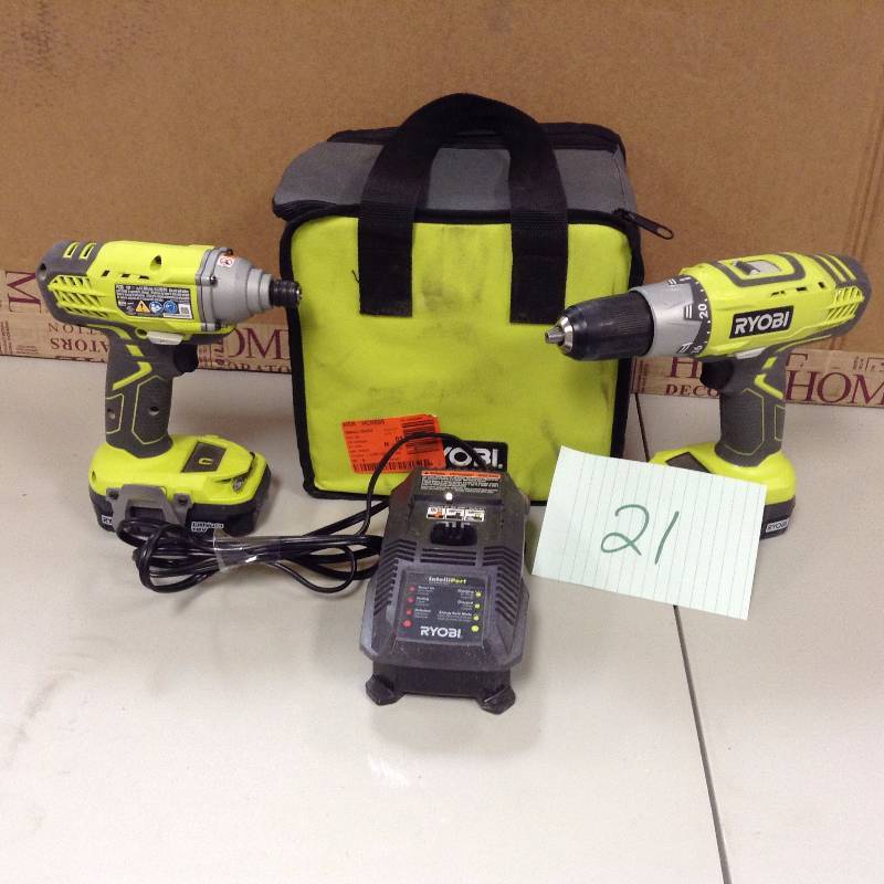 lot 21 image: Ryobi 18-Volt One Drill & Impact Driver Kit (P1832)