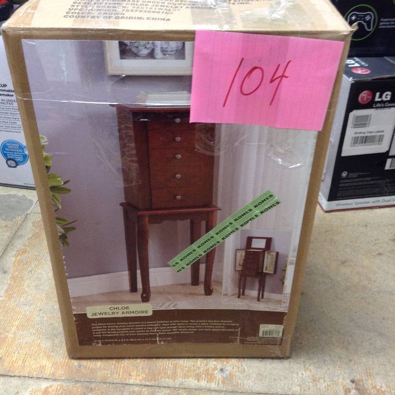 lot 104 image: Linon Home Chloe Jewelry Armoire - never used - top - needs to be reattached easy to fix - light scracht on edge