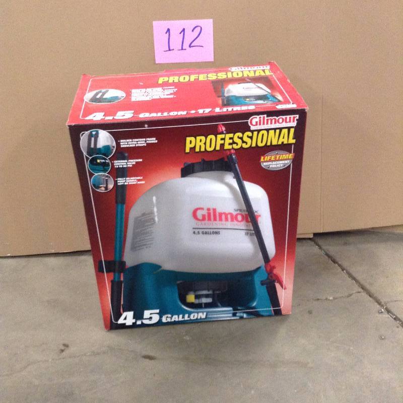 lot 112 image: Gilmour Back Pack Sprayer BP4 TealWhite Measures 18-inches in length by 11.5-inches in width by 21.5-inches in height built-in carry handle New