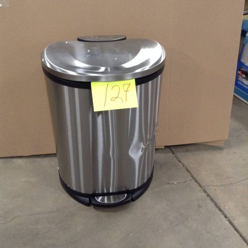 lot 127 image: HDX 13 Gal Stainless Steel Trash Can - dented see pictures