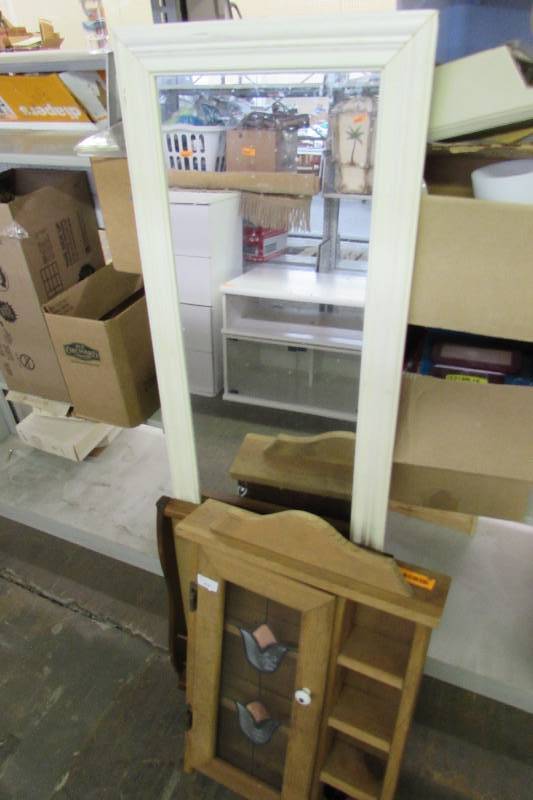 lot 23 image: Full length mirror, small wall curio and cork message board