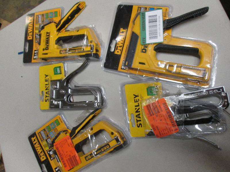 lot 55 image: 3 dewalt staplers and 2 stanley sta...