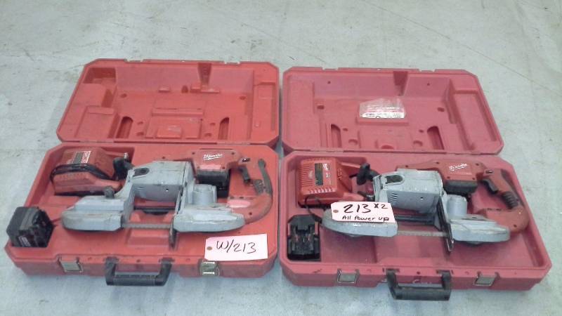lot 213 image: Pair of Milwaukee Cordless Portable Bandsaws
