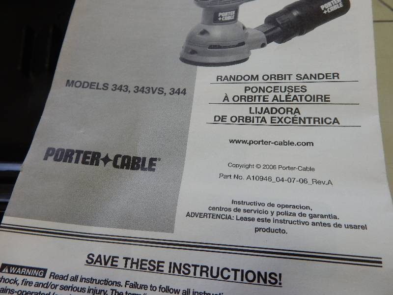 lot 65 image: Porter Cable random Orbital Sander, Pneumatic Palm Sander