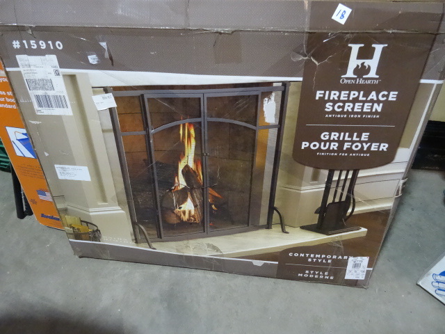 lot 18 image: NEW Open Hearth Pancacea 31in x 39in Antique Iron Flat Panel Screen With Doors