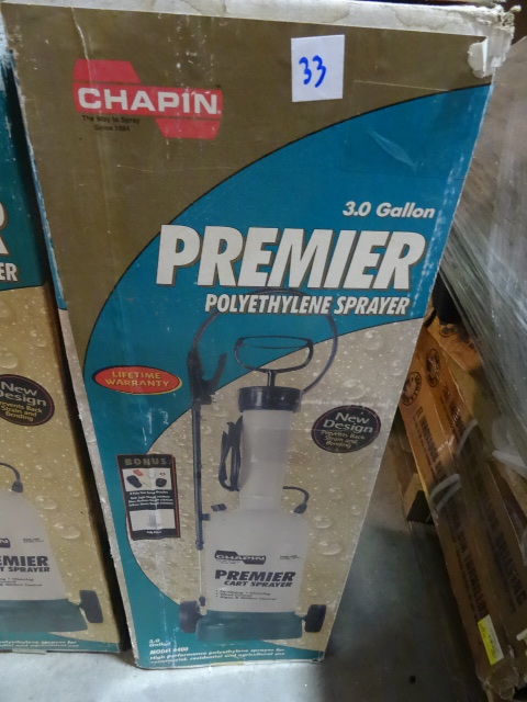 lot 33 image: NEW Chapin 3 Gallon Poly Cart Sprayer. Has wheels. Model 6400 Retail $129