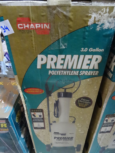 lot 34 image: NEW Chapin 3 Gallon Poly Cart Sprayer. Has wheels. Model 6400 Retail $129