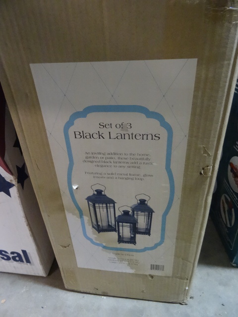 lot 37 image: NEW Melrose 42807 Decorative Lanterns Black Set of 3 Metal With Glass Inserts.