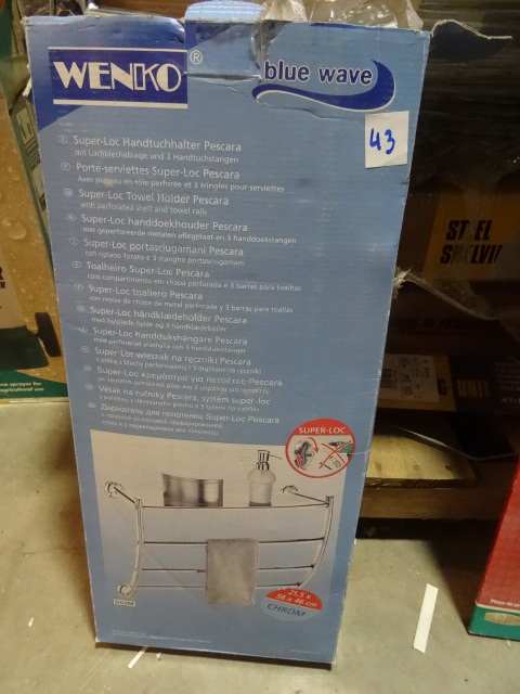 lot 43 image: NEW Wenko Blue Wave Chrome Towel Holder and Shelf Retail $39