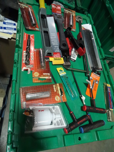 lot 64 image: NEW Large LOT Misc Hand Tools incl. Basin Wrench, Sockets, Hole Saw, Clamps and MORE