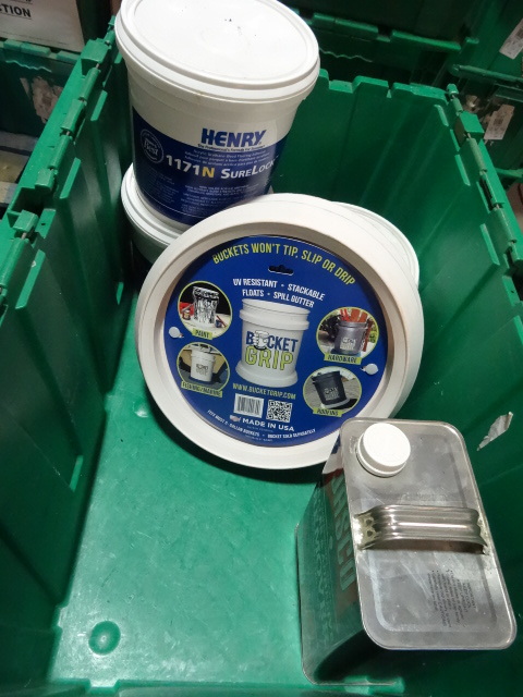 lot 70 image: NEW ENTIRE BIN Qty 2 Henry 1171N SureLock Wood Floor Adhesive, Qty 1 ACE Cove Base Construction Adhesive, Qty 2 Bucket Grips