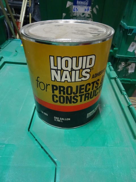 lot 72 image: NEW ENTIRE BIN QTY 4 Liquid Nails Adhesive for Projects and Construction. 1 gal ea. GREEN BIN NOT INCLUDED
