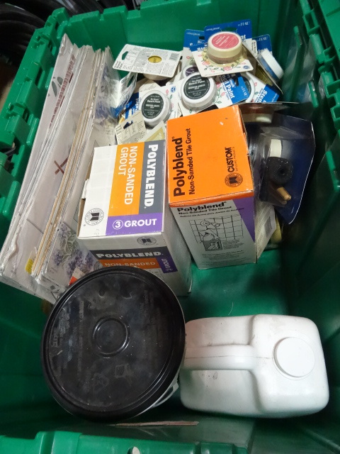 lot 74 image: NEW ENTIRE BIN Incl. Stencils and Stencil Paint, 2 Boxes of Non Sand Grout, 6 qts Thin Set Mortar AdMix and more. GREEN BIN NOT INCLUDED