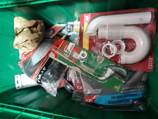 lot 85 image: NEW ENTIRE BIN Plumbing Items, Incl. Piping, Dishwasher and Washing Machine Hoses, Toilet Parts and MORE. GREEN BIN NOT INCLUDED