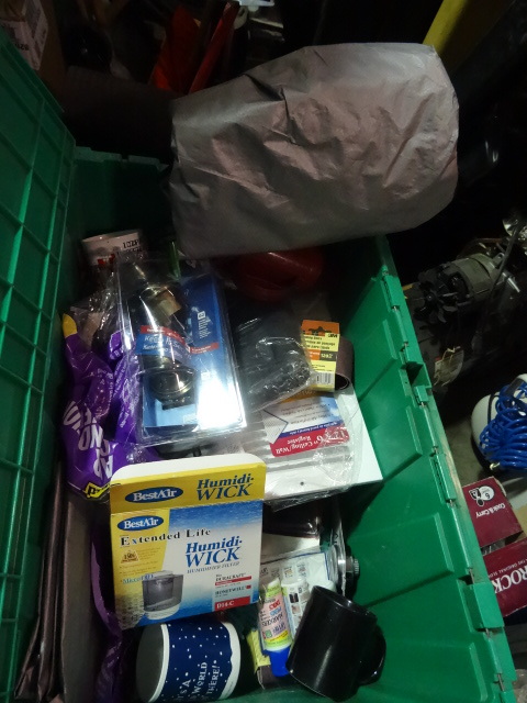 lot 99 image: NEW ENTIRE BIN Hardware Items, incl. Door Latchsets, Grill Cover, Vent Covers, AC Covers, Mugs, AND MUCH MORE. GREEN BIN NOT INCLUDED