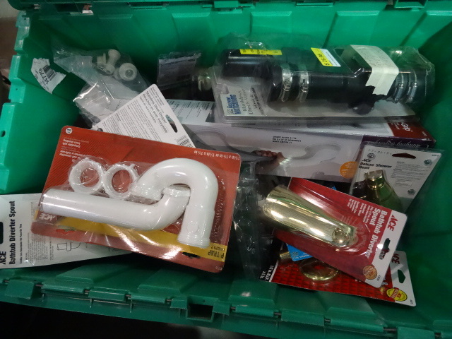 lot 98 image: NEW ENTIRE BIN Plumbing Items, Incl. Piping, Safety Bar, Toilet Parts and MORE. GREEN BIN NOT INCLUDED