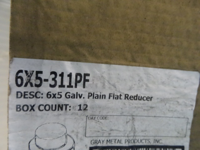 lot 108 image: NEW Case Qty 12 6x5 Galvanized Plain Flat Reducers. Gray Metal Products. 6X5-311PF. Retail $78