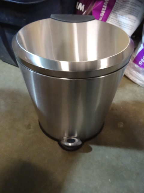 lot 120 image: NEW Stainless Steel Foot Operated Garbage Can. Small shipping damage to foot pedal and hinge