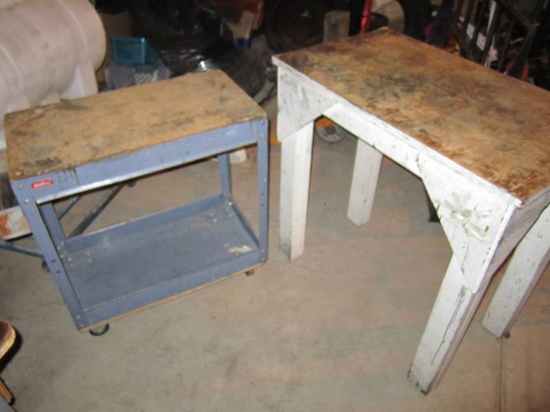 lot 64 image: Metal cart 30 x 16 and work table  ...