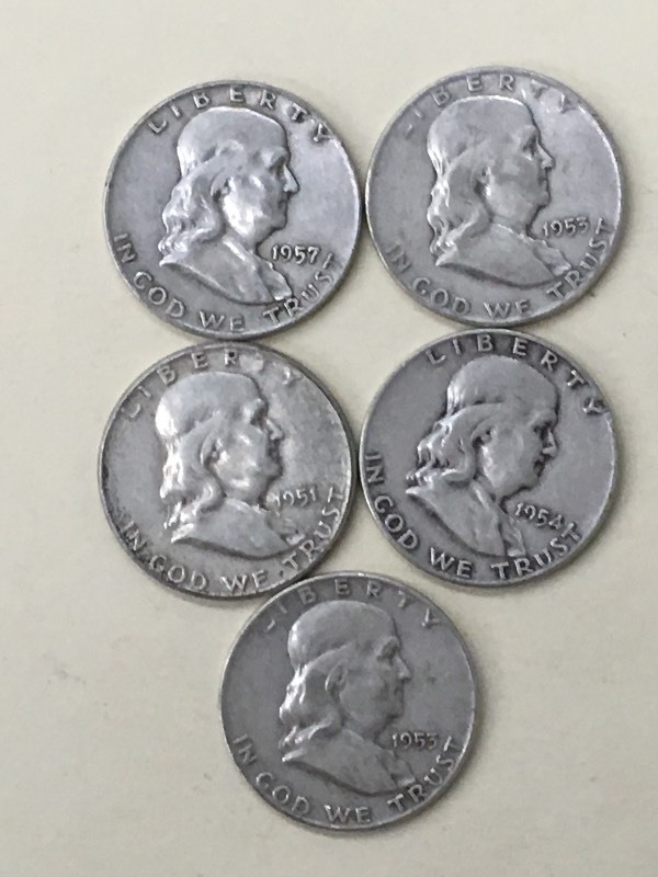 (5) Franklin Half Dollars 1951, 19...