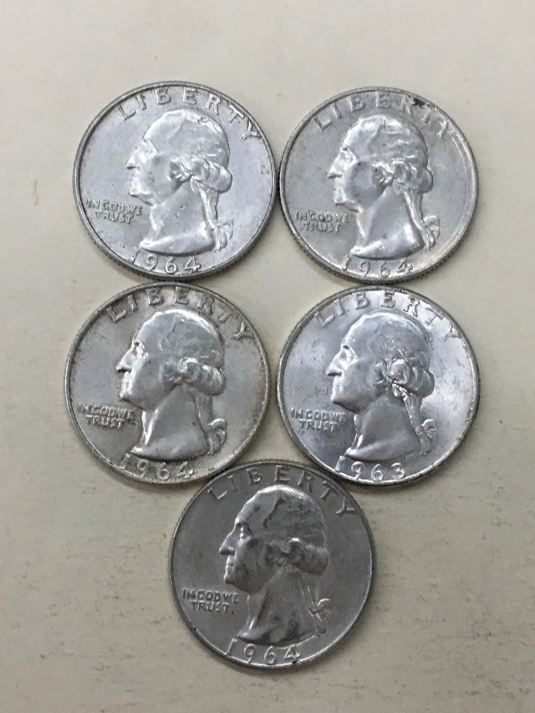 (5) Washington Quarters All 1964...