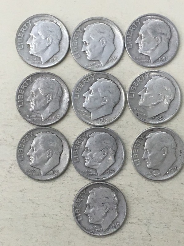 (10) Roosevelt Dimes (4) 1952, (1)...