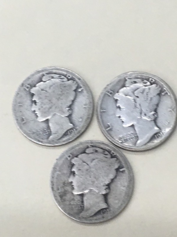(3) Mercury Dimes (2) 1917, (1) 19...