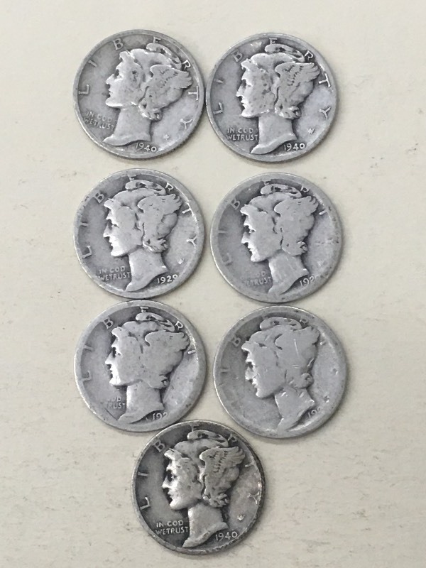 (7) Mercury Dimes (1) 1929, (3) 19...