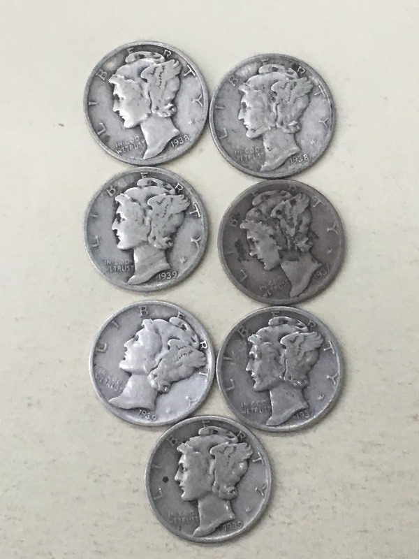 (7) Mercury Dimes (3) 1939, (2) 19...