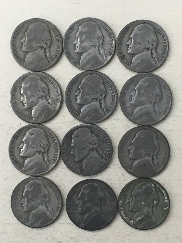 (12) Nickels (3) 1945, (3) 1942, (...