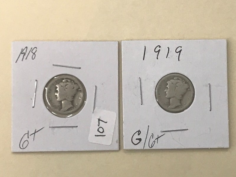 Lot Of 1918 Mercury Dime, 1919 Mer...