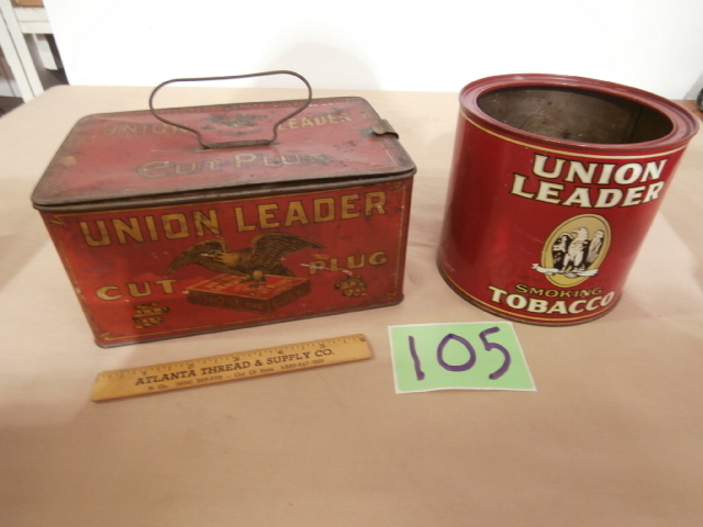 lot 105 image: Pair of Vintage UNION LEADER Tobacco Tins
