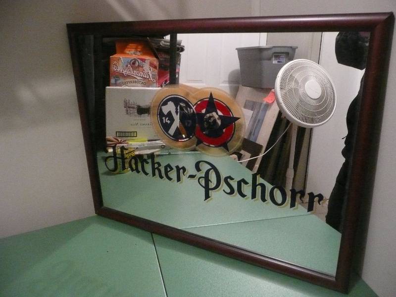 lot 45 image: Hacker-Pschorr Beer Bar Mirror - Like New - Approx 26wide 20high
